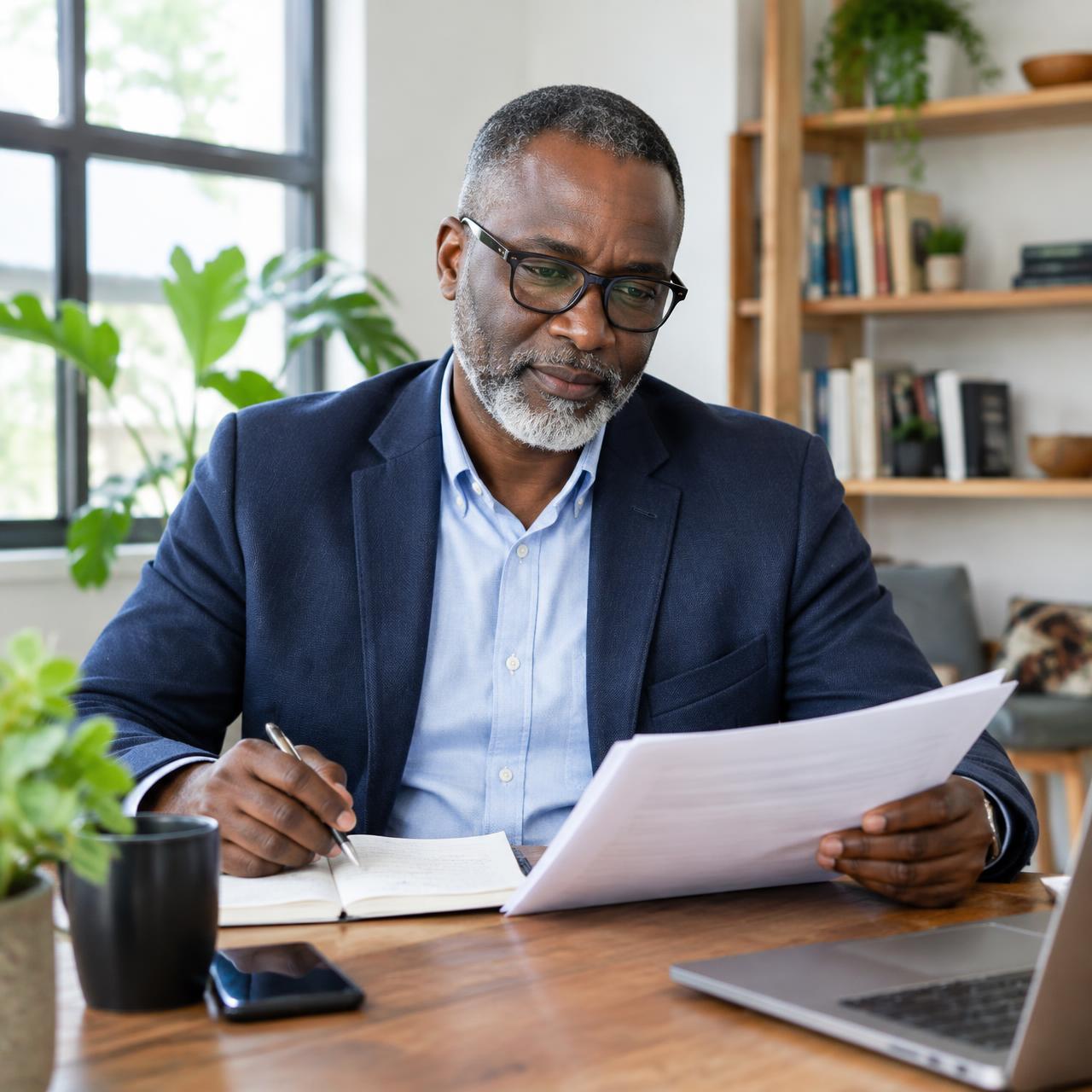 An independent consultant reviewing notes at his desk