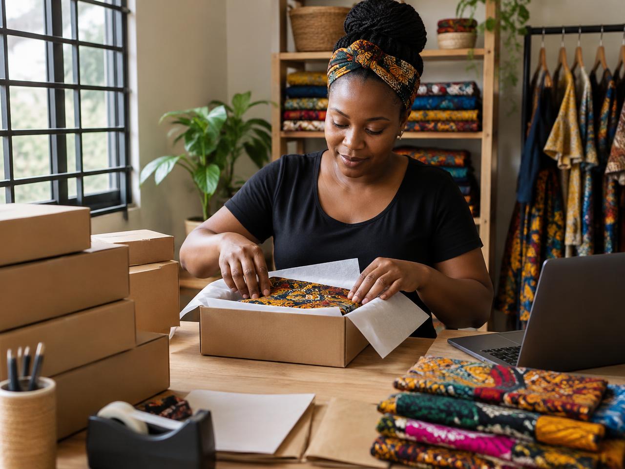 An online seller packing an order in her workshop